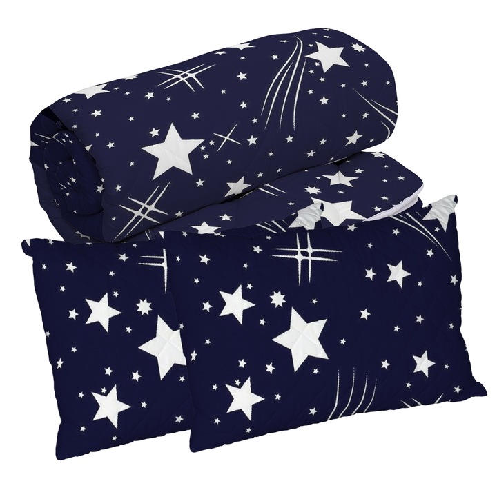 Set pilota matlasata 2 persoane 200x220 cm si 2 perne imprimate 50x70 cm NufJoy® Ploaie de Stele, umplutura 250 g/mp puf siliconizat antialergic, invelis microfibra, nivel mediu de caldura