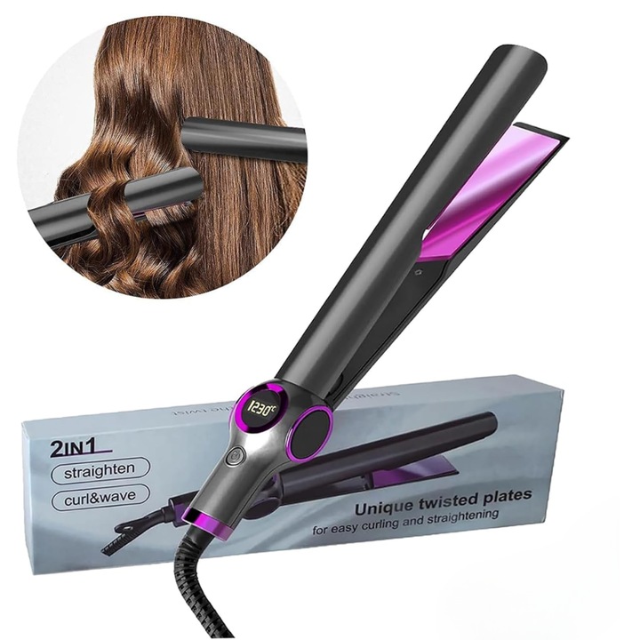 2 az 1-ben Hajegyenesítő és Göndörítő Gyors Felmelegedéssel, Többféle Hőmérséklettel, LCD Kijelzővel - Szürke-Lila