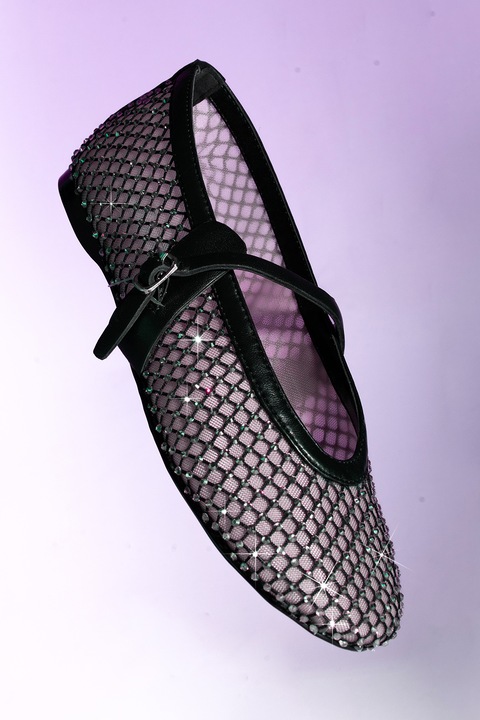 Steve Madden, Мрежести пантофки с декоративни камъни, Черен/Бежов