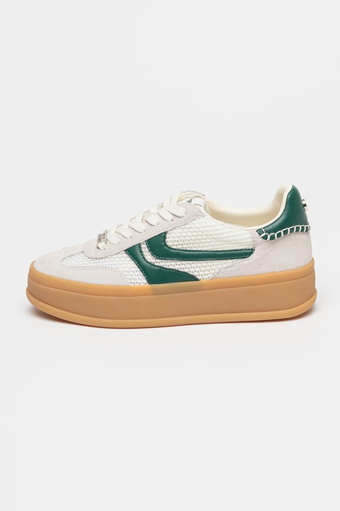 Steve Madden, Pantofi sport flatform cu garnituri de piele intoarsa, Alb/Verde englez/Alb murdar