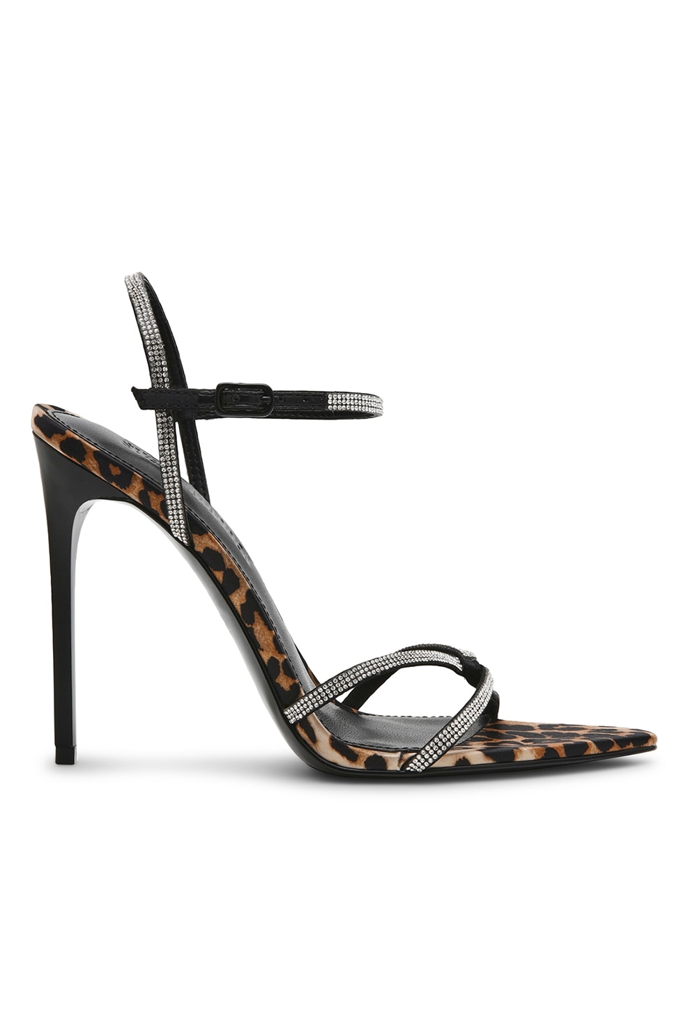 Steve Madden, Sandale stiletto cu strasuri si model animal print, Maro inchis, Maro deschis, Argintiu, 40
