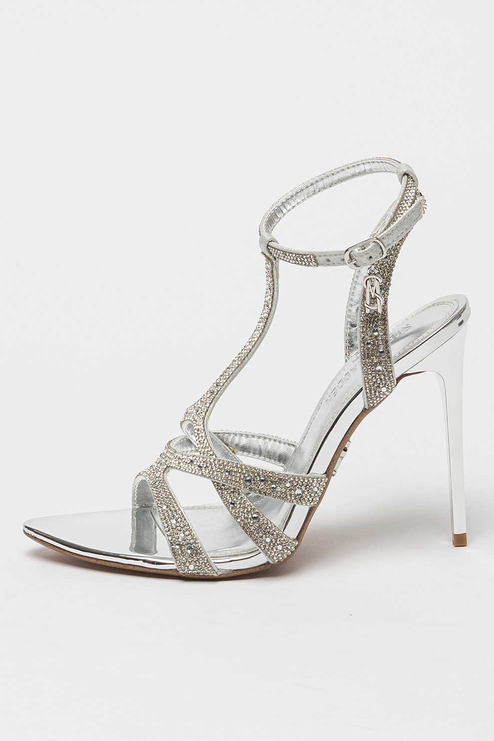 Steve Madden, Sandale cu toc cu aplicatii din strasuri Scope, Argintiu, 39