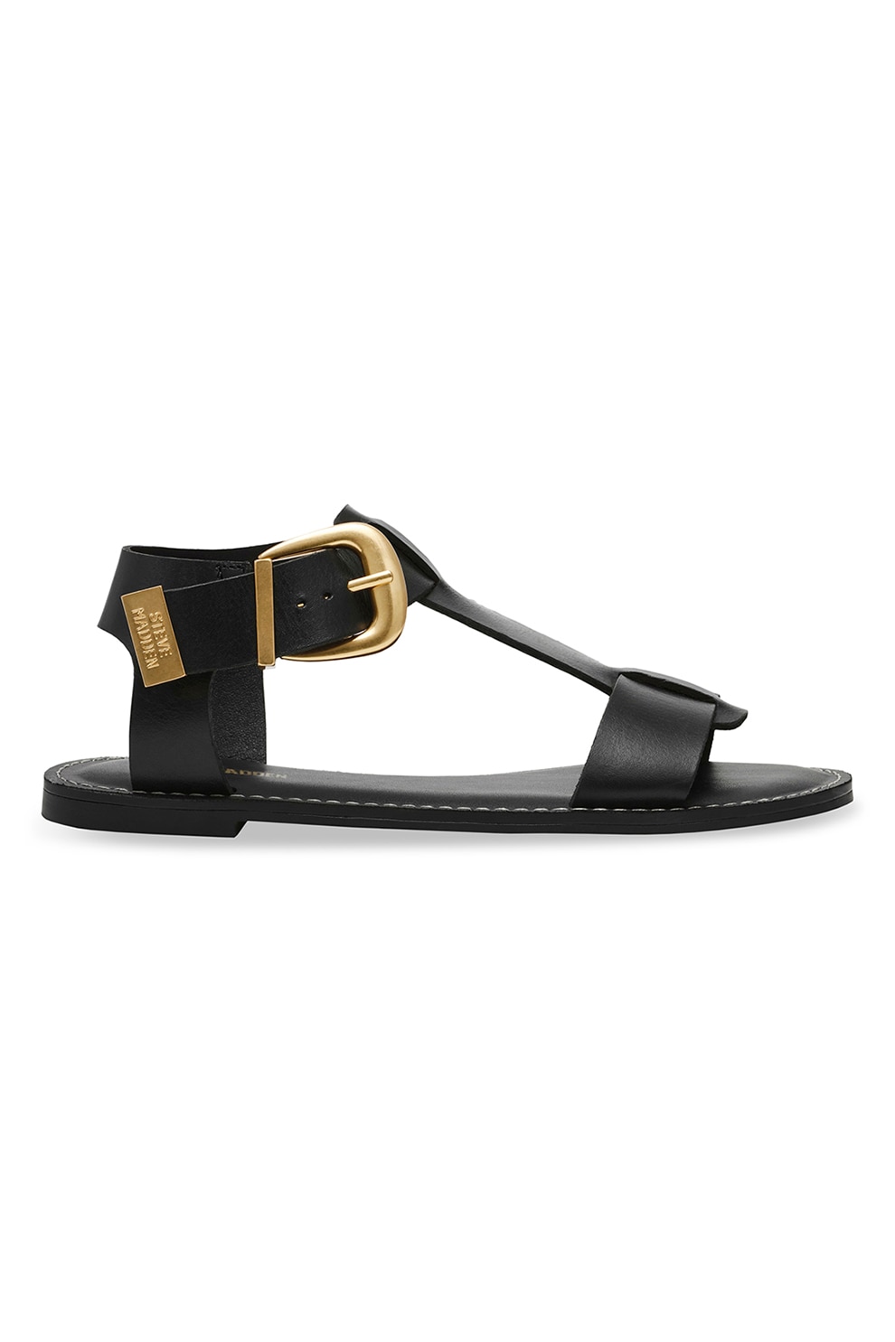 Steve Madden, Sandale plate din piele cu catarama, Negru, 36