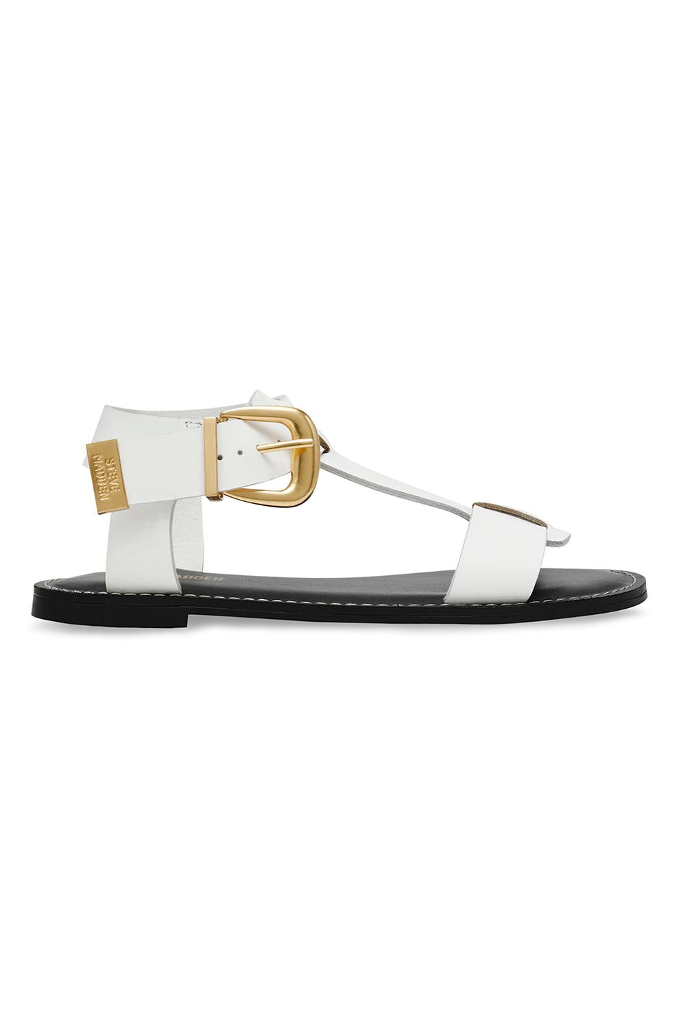 Steve Madden, Sandale plate din piele cu catarama, Negru, Alb optic, 39