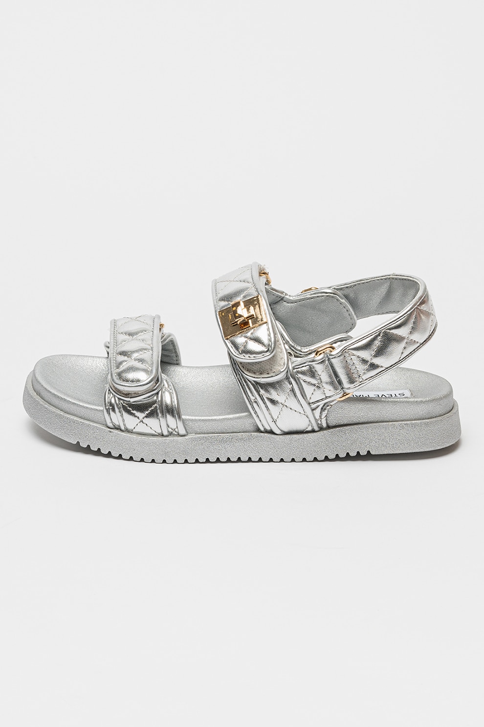 Steve Madden, Sandale matlasate cu talpa plata si inchidere velcro Mona, Argintiu, 37