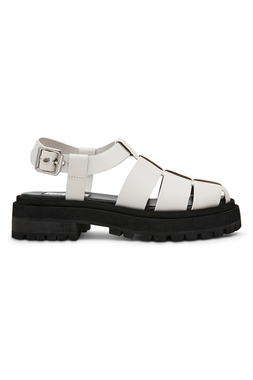 Steve Madden, Sandale din piele cu talpa plata si catarama, Negru, Alb murdar, 37