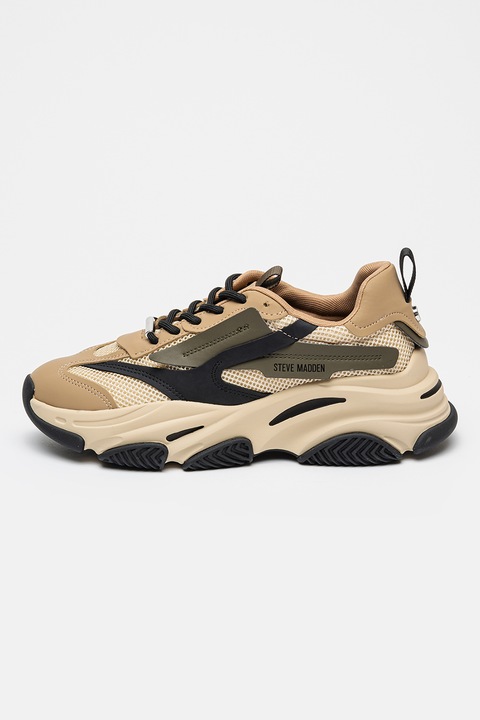 Steve Madden, Pantofi sport cu insertii de plasa Possess, Gri antracit/Camel