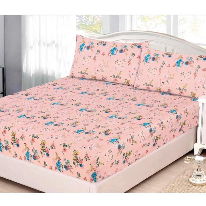 Husa de pat, 1 persoana, cu elastic, 2 piese, imprimeu floricele colorate, multicolor, 90x200 cm
