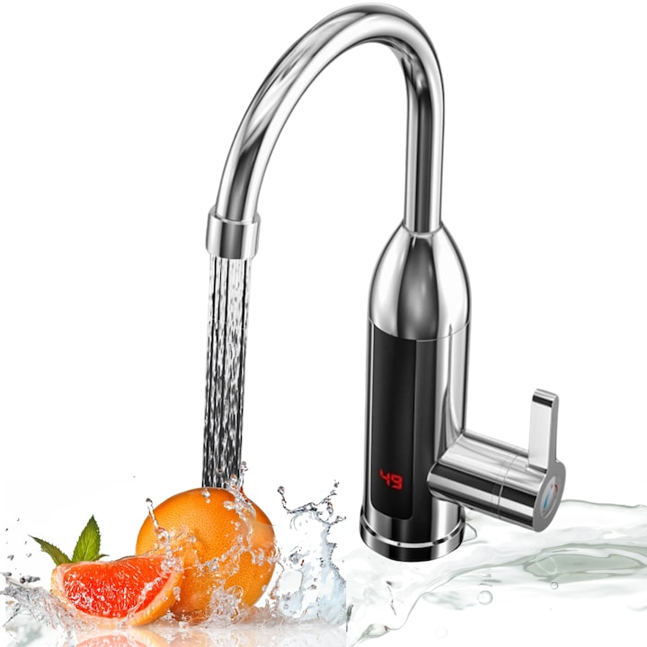 Robinet Electric pentru Incalzit Apa Instant Infiniteea™, Afisaj LCD al Temperaturii, Montare pe Chiuveta, Racord Inferior, Temperatura Reglabila, Apa Calda si Apa Rece, Otel Inoxidabil, Rotire 360 Grade, Temperatura maxim 60 Grade, Crom