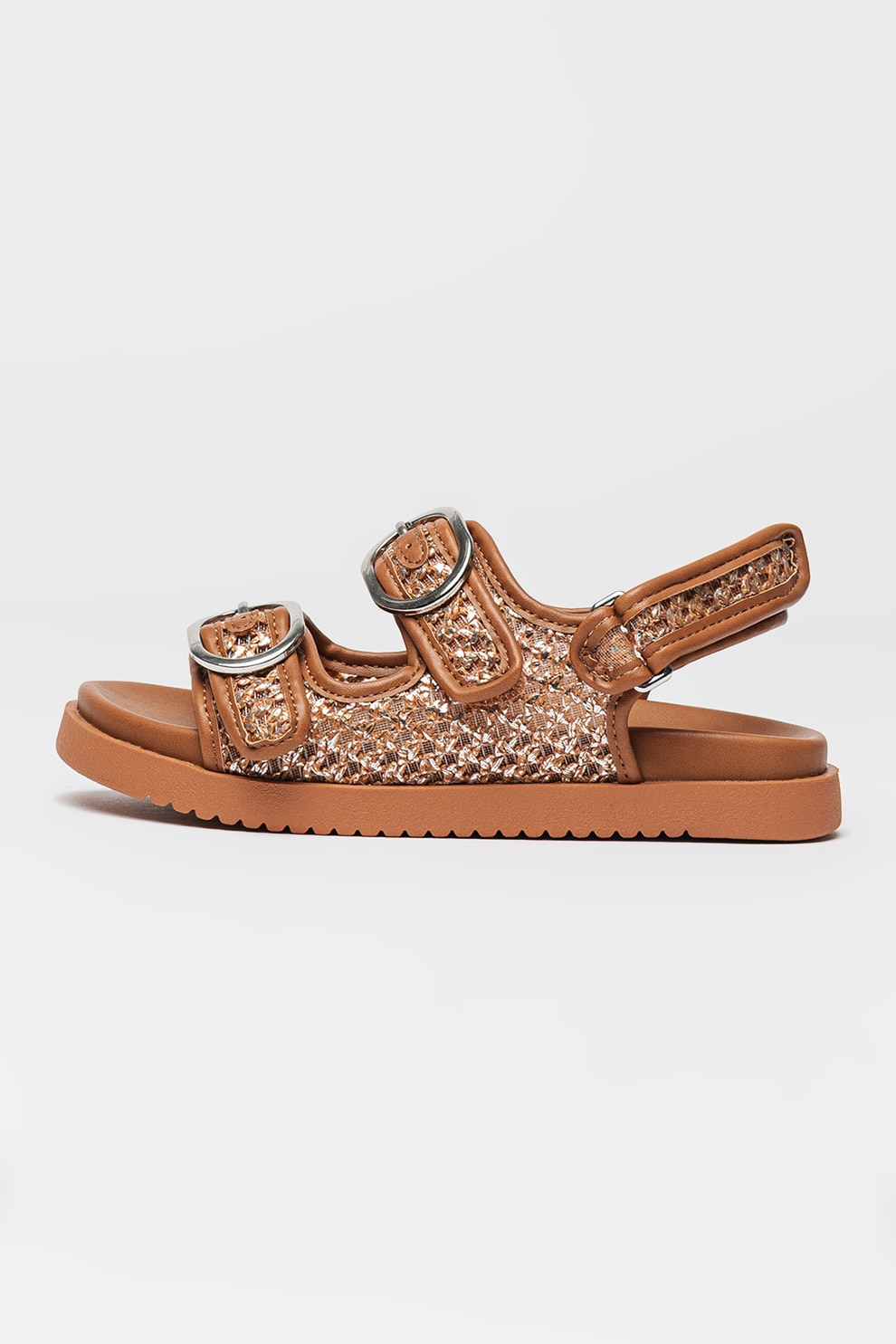 Steve Madden, Sandale cu talpa plata si inchidere velcro, Maro scortisoara, 33 EU
