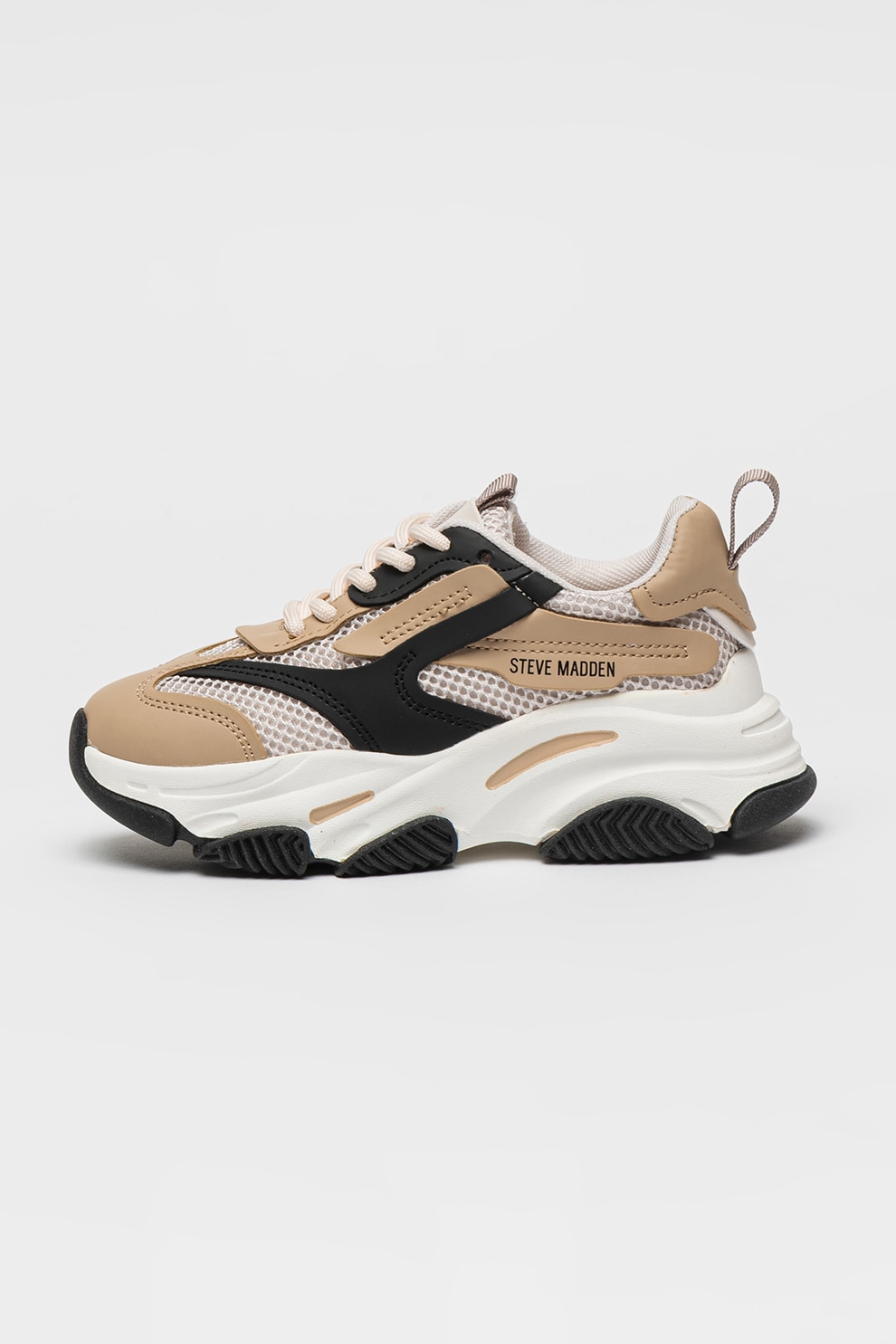 Steve Madden, Pantofi sport Possesion din plasa cu garnituri de piele ecologica, Negru, Maro deschis, Argintiu, 33 EU