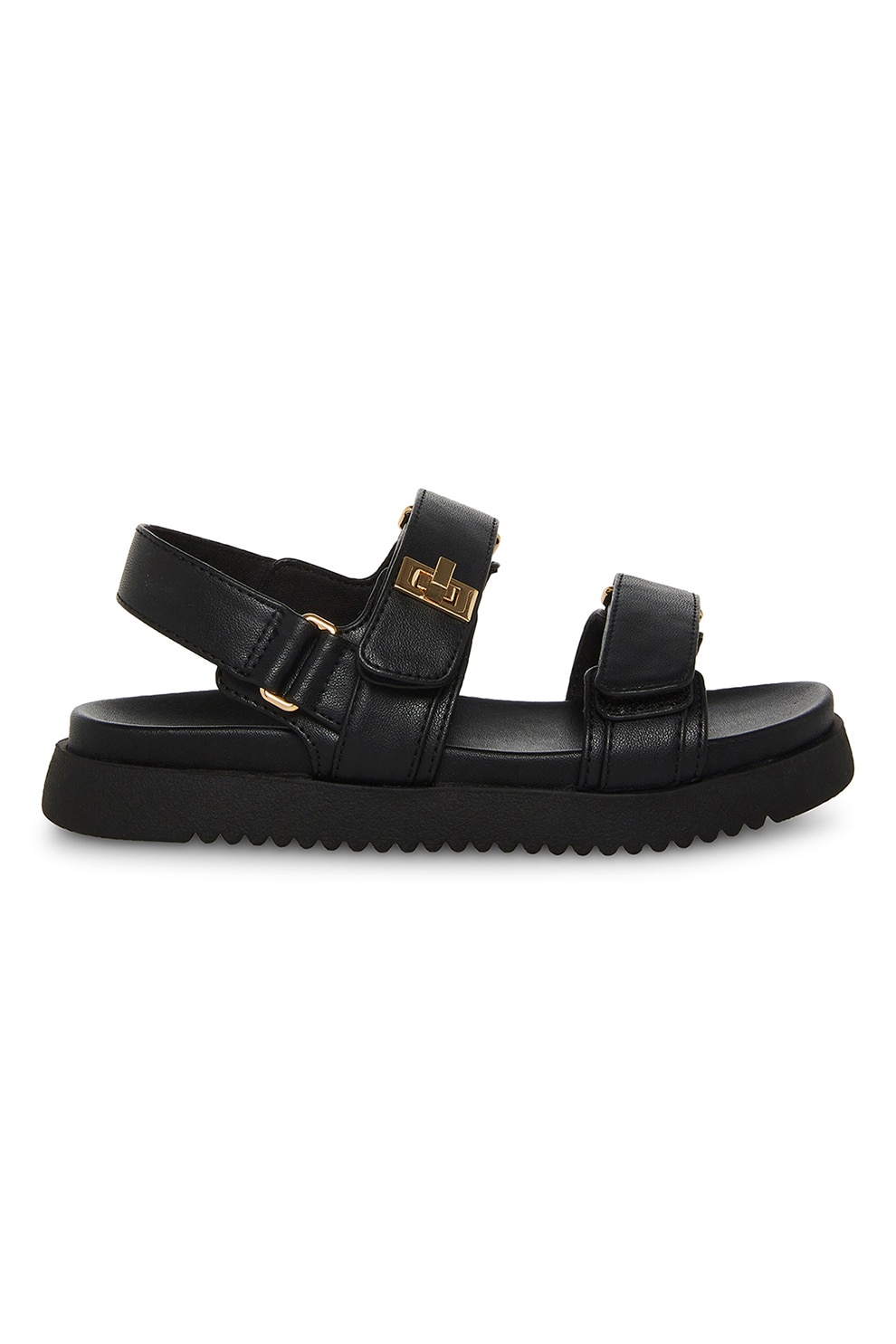 Steve Madden, Sandale din piele ecologica cu inchidere velcro, Auriu, Negru, 31 EU