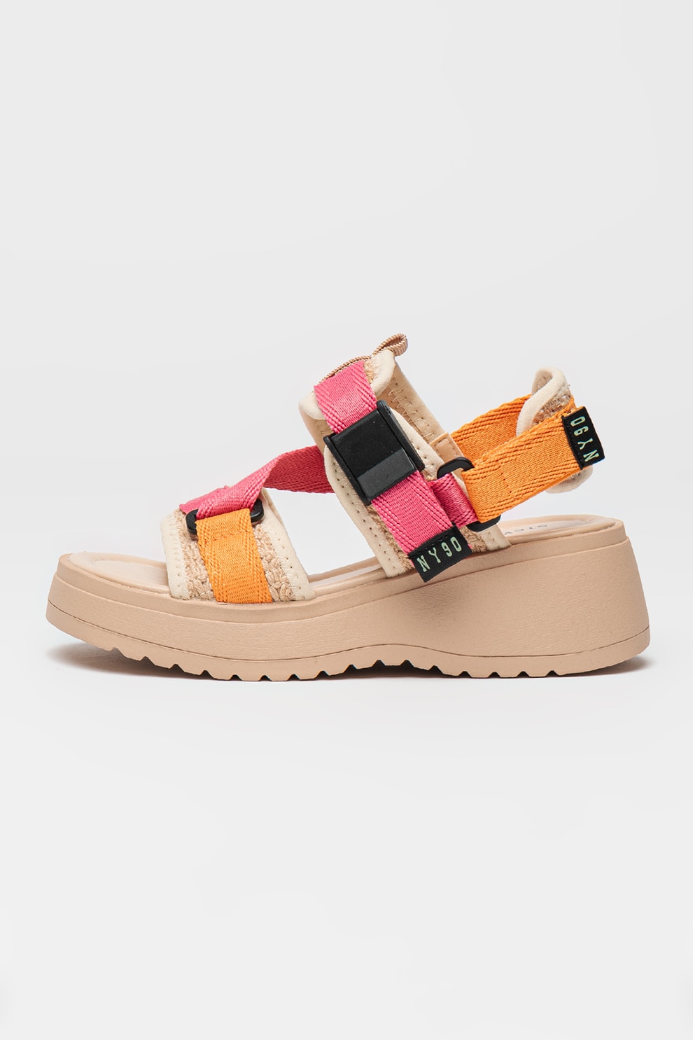 Steve Madden, Sandale cu talpa wedge si catarama Decorum, Roz deschis, Maro nisip, 32 EU