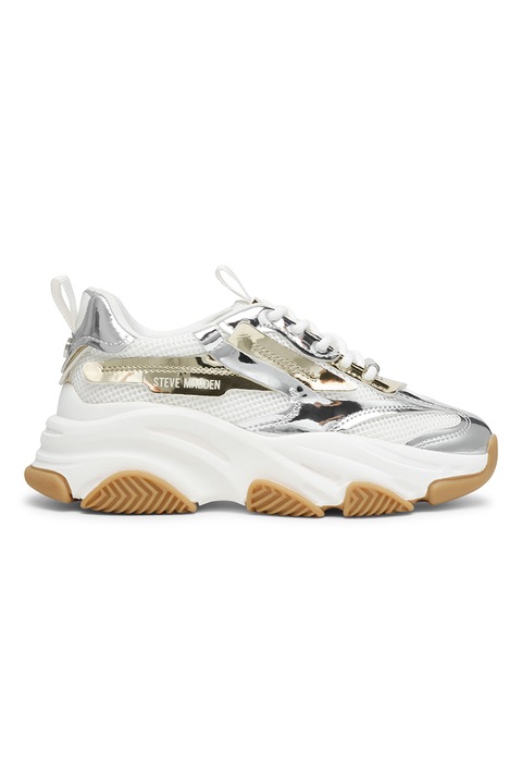 Steve Madden, Спортни обувки Possession-E с мрежести зони, Карамел, Мръснобял, Сребрист, 37