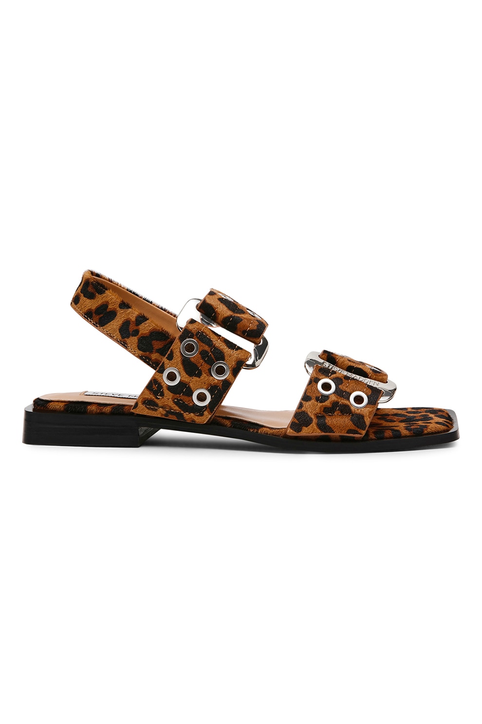 Steve Madden, Sandale din piele cu par scurt cu animal print Saria, Maro fango, Caramel, 37