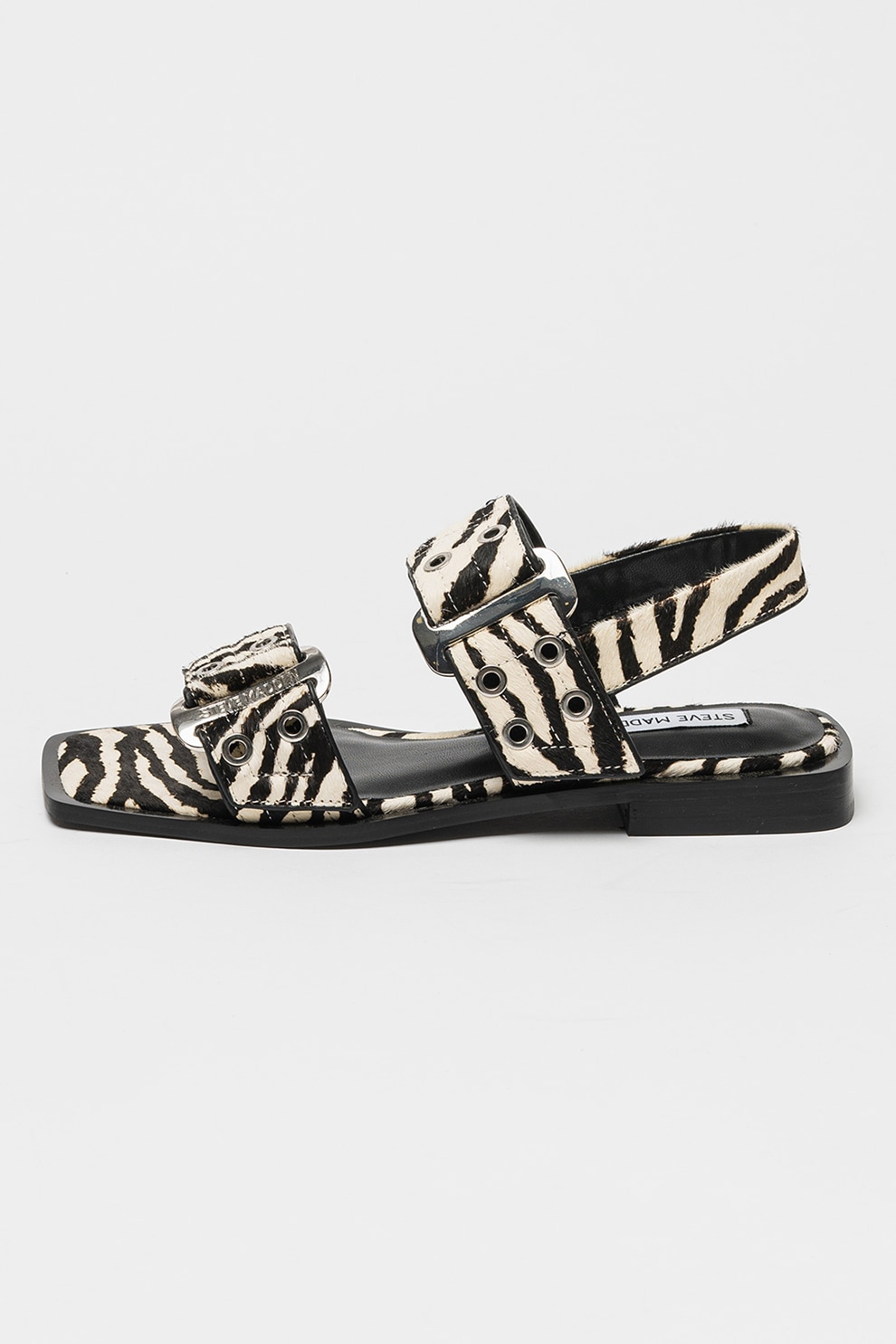 Steve Madden, Sandale din piele cu par scurt cu animal print Saria, Alb fildes, Negru, 37
