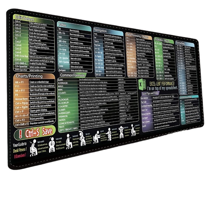Mousepad cu scurtaturi Excel, 80x30x0.3 cm, impermeabil, antiderapant