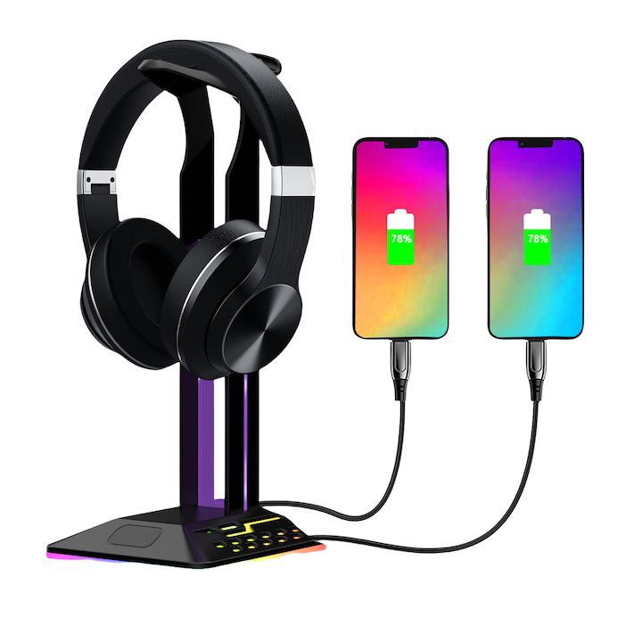 Suport pentru casti de gaming, iluminare RGB rece, 2xUSB pentru incarcarea telefonului mobil, baza antiderapanta, ergonomic, negru
