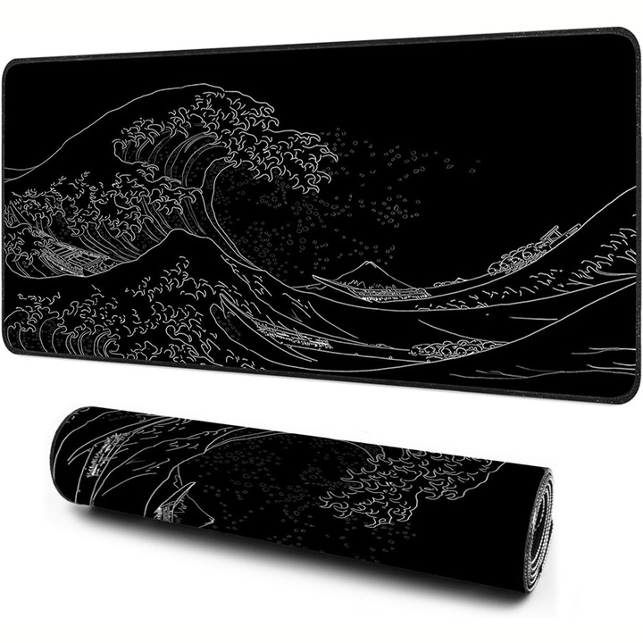 MousePad Gaming Profesional, BOMSTOM, Cauciucat, Anti-Derapant, Cusaturi Anti-Rupere, Viteza de Alunecare Marita, Model Tsunami, 90x40cm