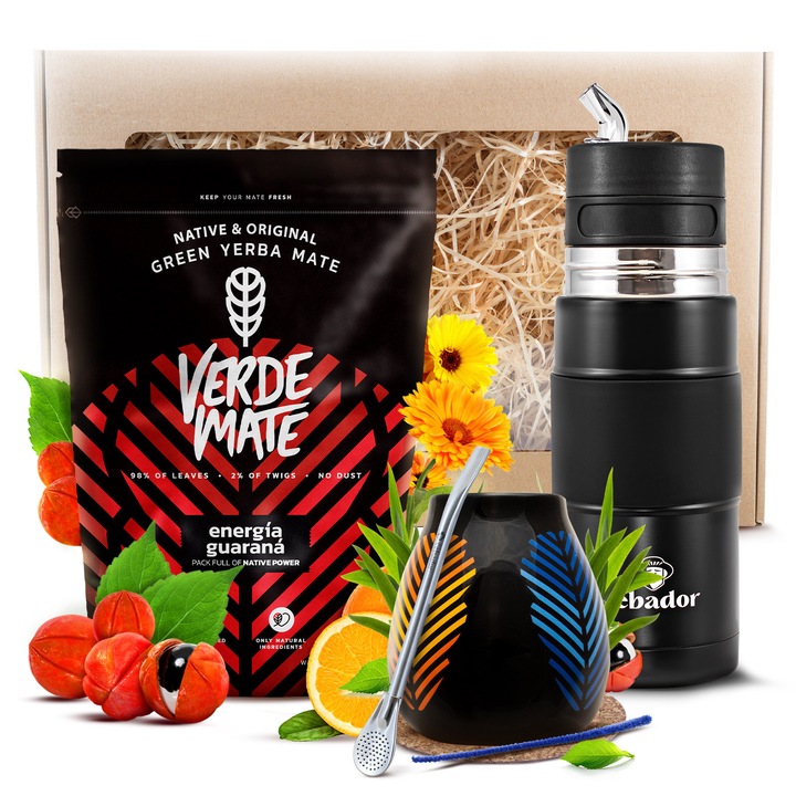 Yerba Mate Tea Ajándékcsomag, Verde Mate Energia Guarana 400g, Yerbomos X 450ml, Kerámia Bögre 350ml