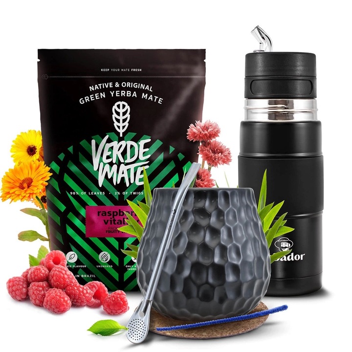 Yerba Mate Tea Készlet, Verde Mate Raspberry Vitality 500g, Yerbomos X 450ml, Fekete Kerámia Bögre 400ml