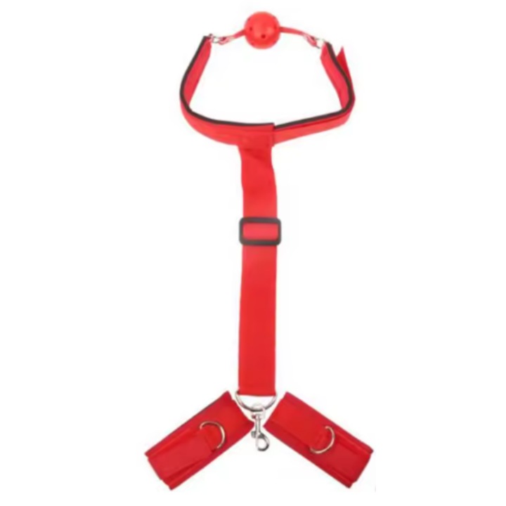 Комплект топка за уста и белезници CRT, Plus BDSM, Пластмасова топка с дишащи отвори, Регулируеми, Текстил, Еко кожа, Закопчаване с велкро, Червен