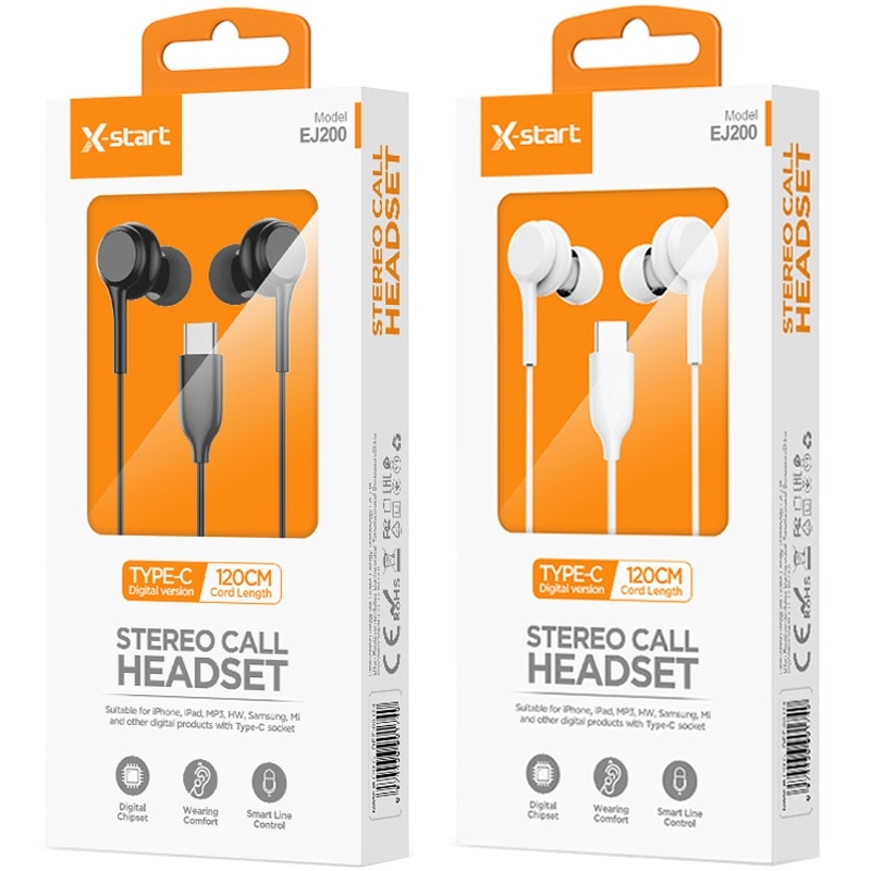 Casti cu Cablu Type-C 120cm, X-Start EJ200, Compatibile iPhone 15/16 si Android, Microfon si Control volum, Negru