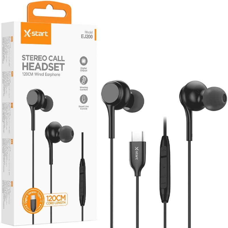 Casti cu Cablu Type-C 120cm, X-Start EJ200, Compatibile iPhone 15/16 si Android, Microfon si Control volum, Negru
