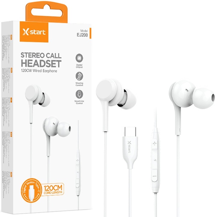 Casti cu Cablu Type-C 120cm, X-Start EJ200, Compatibile iPhone 15/16 si Android, Microfon si Control volum, Alb
