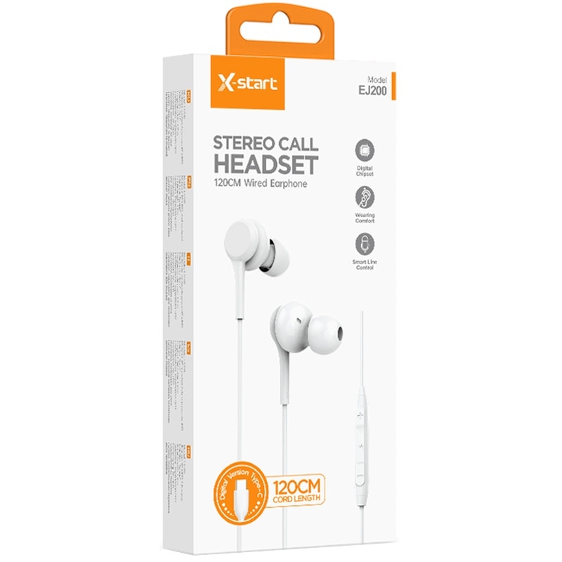 Casti cu Cablu Type-C 120cm, X-Start EJ200, Compatibile iPhone 15/16 si Android, Microfon si Control volum, Alb