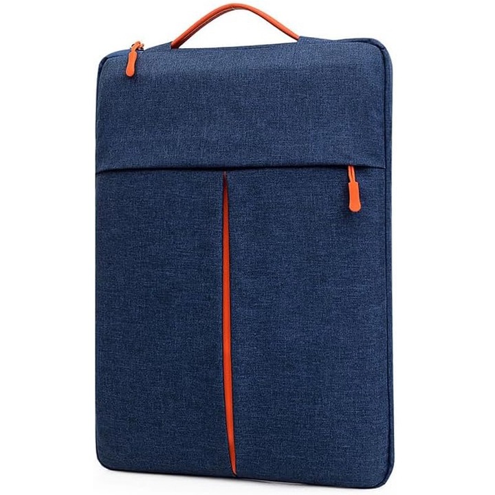 Бизнес чанта за лаптоп 13-14", 4 джоба, оранжев цип, издръжлив текстил, тъмносиня