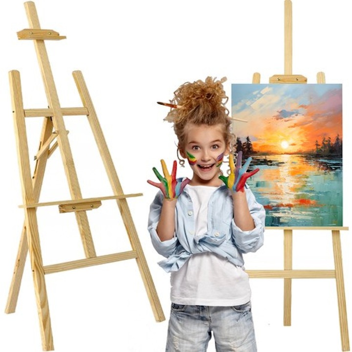 Дървен статив idealSTORE, Размери 152,5 x 54 x 57 см, Регулиране на височината, Сгъваем, Идеален за рисуване върху платно