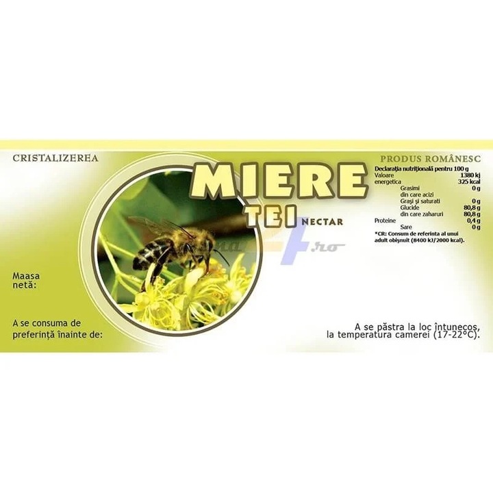 Eticheta miere Tei Nectar verde cu albina 115 mm x 50 mm