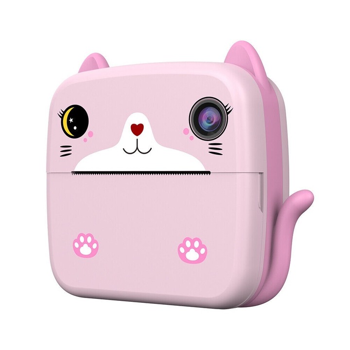 Детска камера за моментални снимки, Cyrax, с функция за печат, предна камера + селфита, USB-C кабел, Bluetooth, съвместима с iOS/Android, печат с приложение, котешки мотив, розова