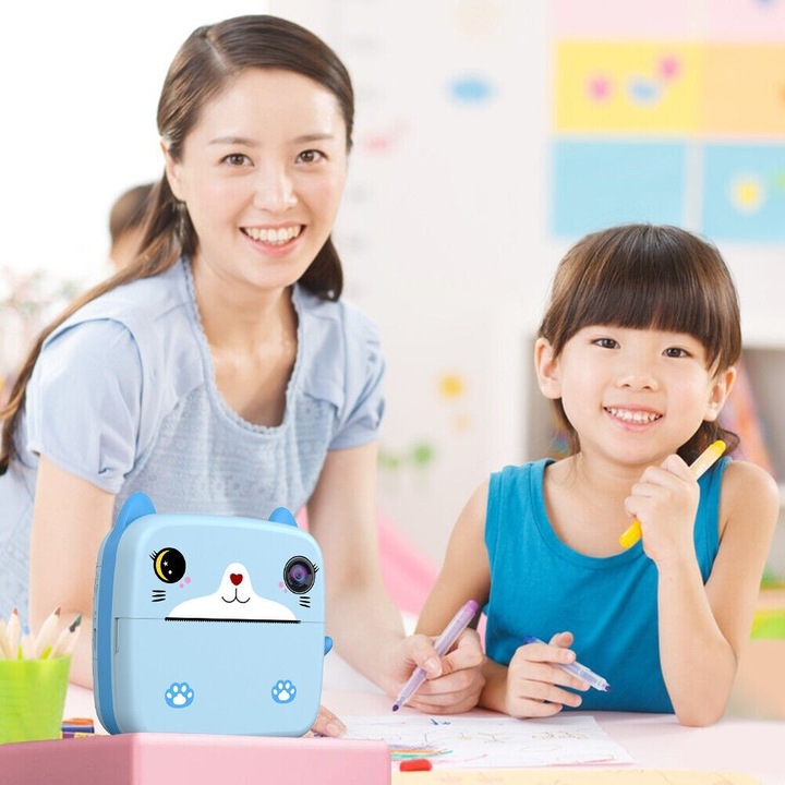 Детска камера за моментални снимки, Cyrax, с функция за печат, предна камера + селфита, USB-C кабел, Bluetooth, съвместима с iOS/Android, печат с приложение, котешки мотив, син