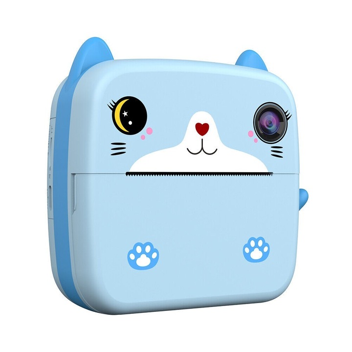 Детска камера за моментални снимки, Cyrax, с функция за печат, предна камера + селфита, USB-C кабел, Bluetooth, съвместима с iOS/Android, печат с приложение, котешки мотив, син