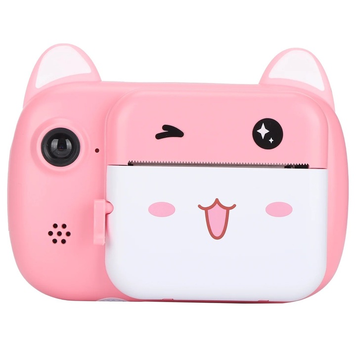 Фотоапарат за моментни снимки за деца, Flippy, предна камера + селфи, с функция за печат, USB-C кабел, Bluetooth, iOS/Android съвместим, APP Printing, Smiley Cat Face Pattern, Pink