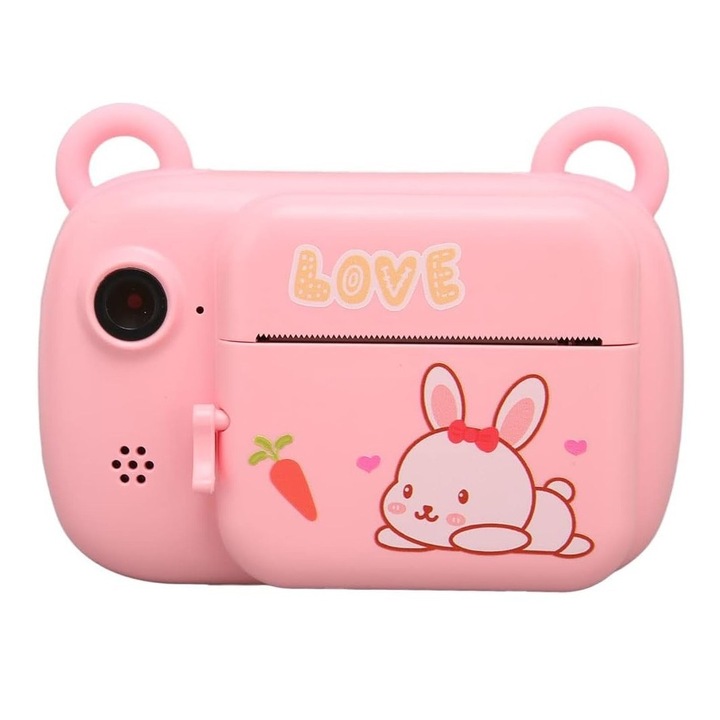 Фотоапарат за моментни снимки за деца, Flippy, предна камера + селфи, с функция за печат, USB-C кабел, Bluetooth, iOS/Android съвместим, APP Printing, Love Rabbit Pattern, розов
