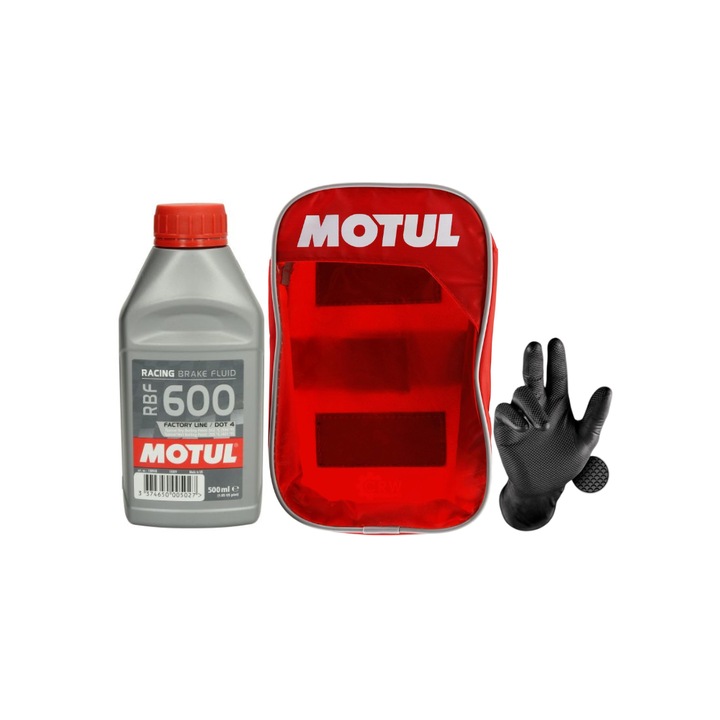 Set, Lichid frana Motul RBF 600 FACTORY LINE, 500 ml, Husa Motul, 1 pereche manusi