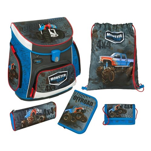 Ghiozdan echipat SCOOLI, model CAMPUS UP 5 piese, MONSTER TRUCK