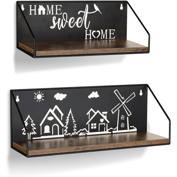 Set de 2 rafturi de perete marimi diferite, metal, negru