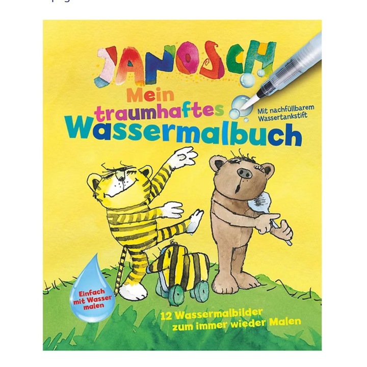 Carte de Activitati Deseneaza cu Apa Magic Water Janosch, 12 Imagini, Perie cu Rezervor de Apa, 22 x 17 x 0.5 cm, Galben/Multicolor