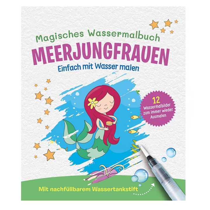 Carte de Activitati Deseneaza cu Apa Magic Water Sirena Ullmann, 12 Imagini, Perie cu Rezervor de Apa, 22 x 17 x 0.5 cm, Multicolor
