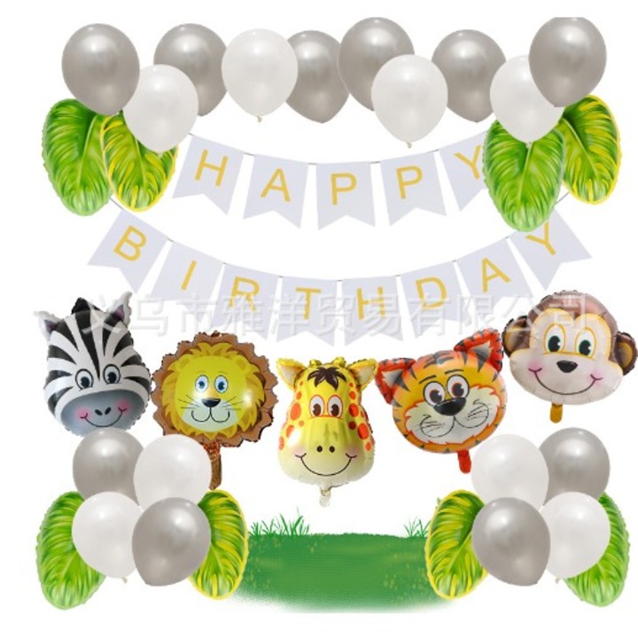 Комплект балони за рожден ден 32 части, Flippy, 1 банер HAPPY BIRTHDAY, 5 фолиеви балона, фигурки на животни, 8 балона с листа, 18 латексови балона, сиво-бели многоцветни