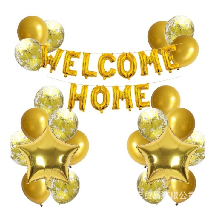 Комплект балони от фолио и латекс, Flippy, WELCOME HOME, 22 части, 20 латексови балона, 2 звезди от фолио, 1 комплект Welcome Home, злато