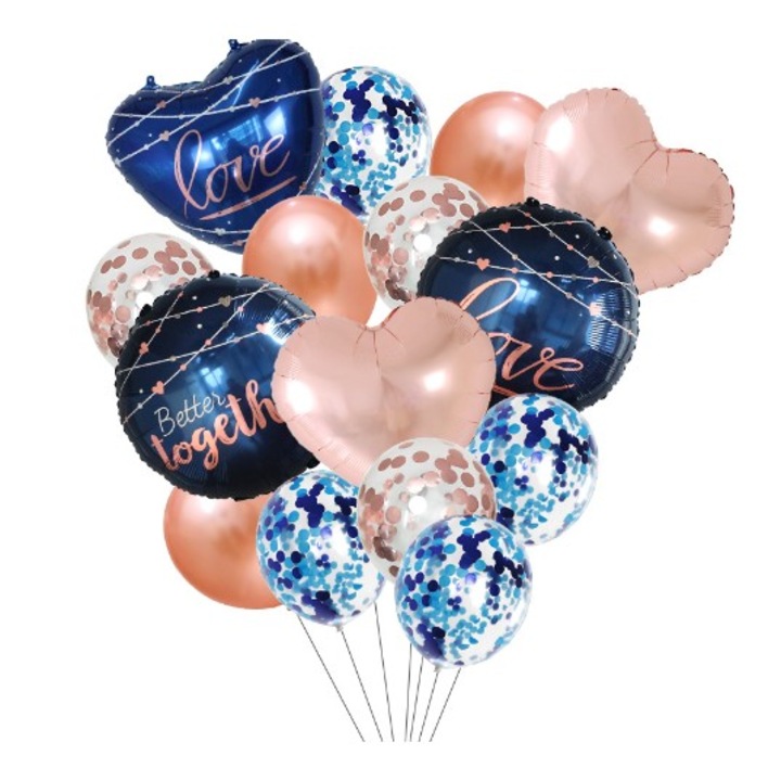 Комплект от 15 сватбени балона, Flippy, декоративни балони, алуминиево фолио, 30 x 50 см, розово / синьо