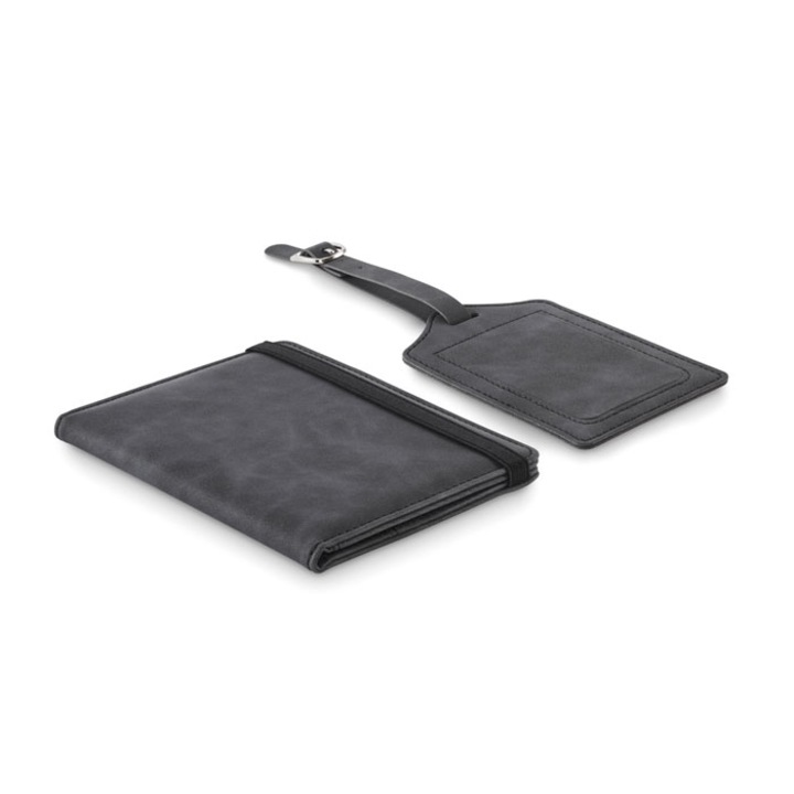 Set Portofel pentru Pasaport, cu 4 sloturi Carduri Protectie RFID, 1 bancnote si eticheta de bagaj din piele PU, Gri