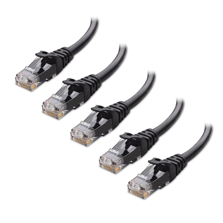 Мрежов кабел, SINBINTA, Комплект от 5 UTP мрежови кабела, CAT 6 интернет кабел, интернет Ethernet кабел с щепсел, RJ45 конектор, за рутер, модем, комутатори, хъб, лаптоп, дължина 2 м, черен