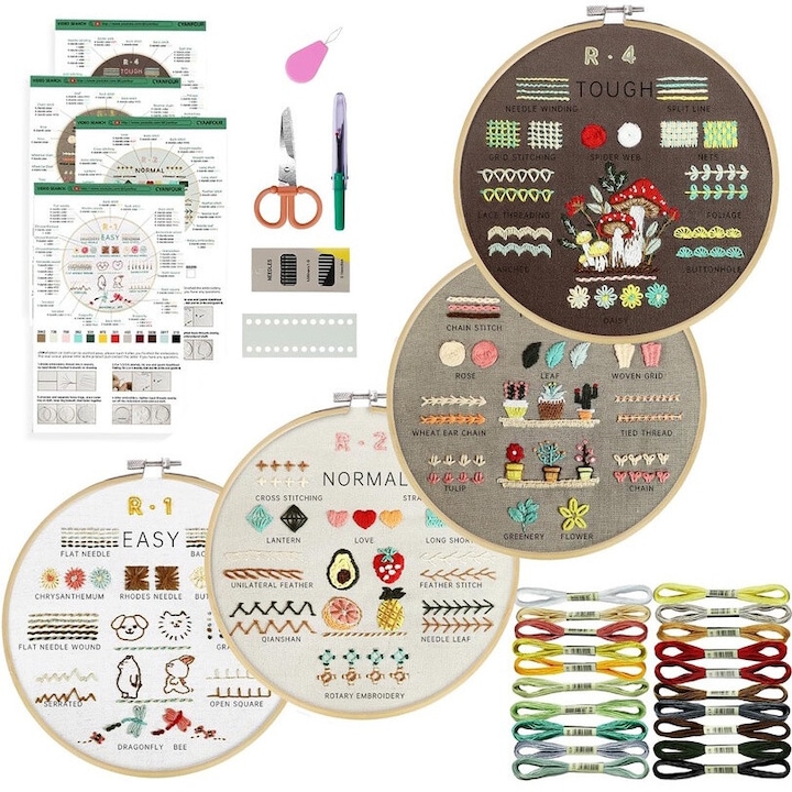 Kit broderie, set de 4, Cu fire, ace, instructiuni si unelte, Pentru copii si adulti, Ca o decorare interioara, Great cadou pentru familia ta, Prietenii tai, 20 cm, Maro multicolor