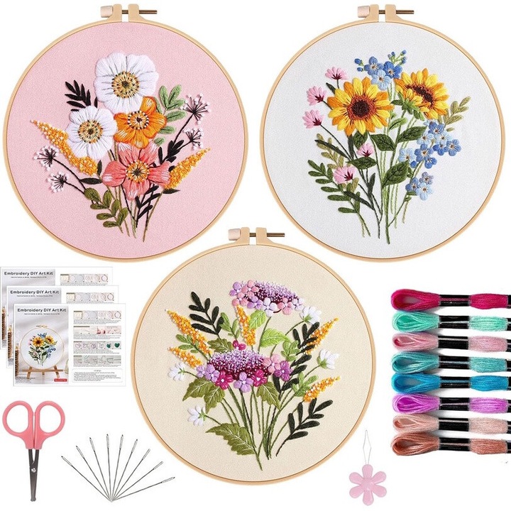 Kit broderie, set de 3, Cu fire, ace, instructiuni si unelte, Pentru copii si adulti, Ca o decorare interioara, Great cadou pentru familia ta, Prietenii tai, 20 cm, Roz multicolor